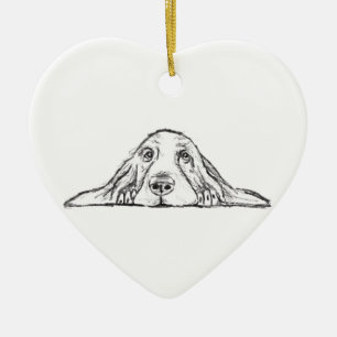 basset hound svart vit enkel valp hund ögon julgransprydnad keramik