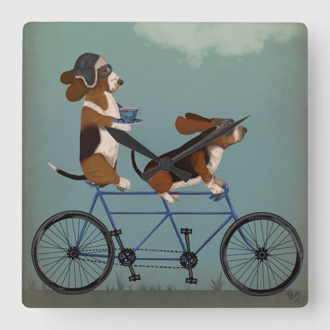 Basset Hound Tandem Fyrkantig Klocka (Framsida)