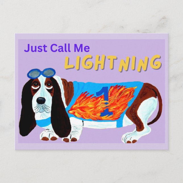 Basset Hound tävlingshund KALLA MIG BARA BLIXT! Vykort (Framsida)