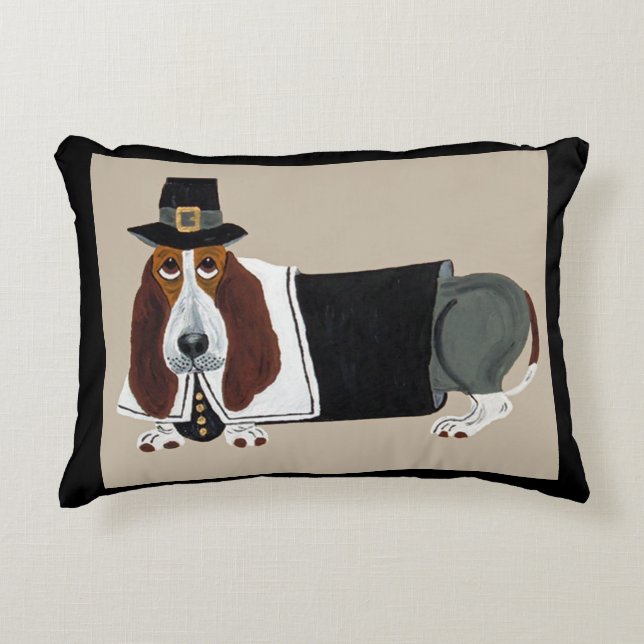 Basset Hound Thanksgiving Pilgrim Prydnadskudde (Framsidan)