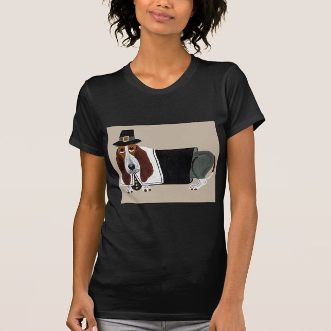 Basset Hound Thanksgiving Pilgrim T Shirt (Framsida)