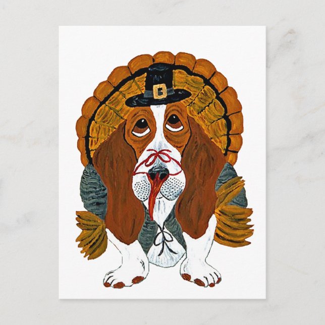 Basset Hound Thanksgiving Turkiet Helg Vykort (Framsida)