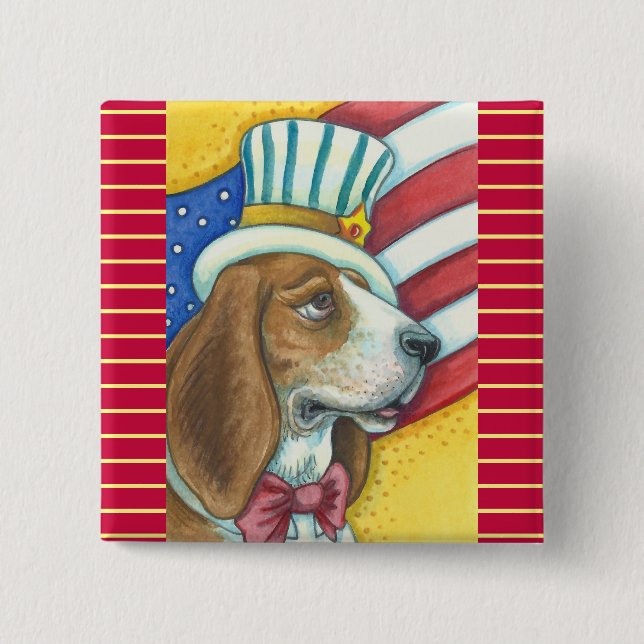 BASSET HOUND UNCLE SAM, PATRIOTIC HUND Squ Knapp (Framsida)