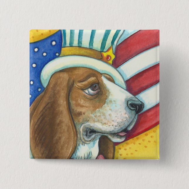 BASSET HOUND UNCLE SAM, PATRIOTIC HUND Squ Knapp (Framsida)