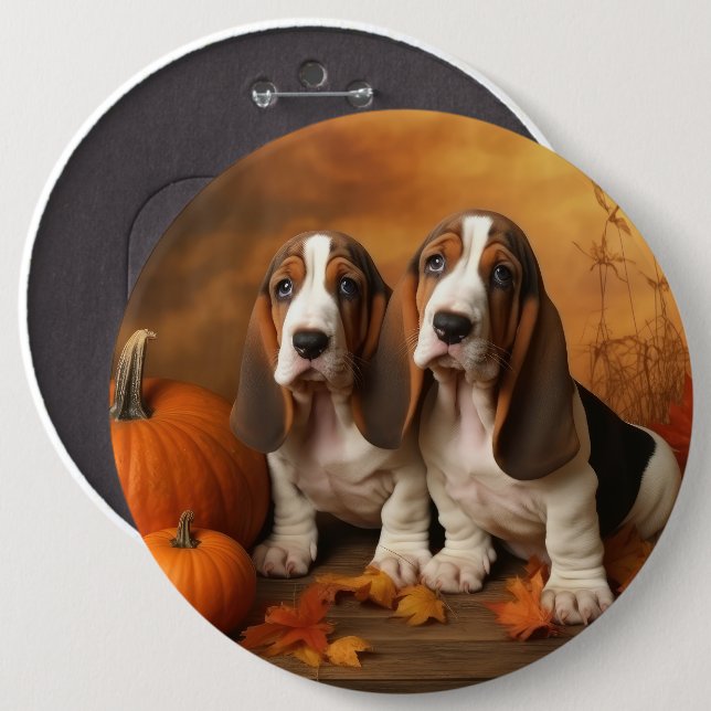 Basset Hound Valp Höstglädje Pumpa  Knapp (Framsida & baksida)