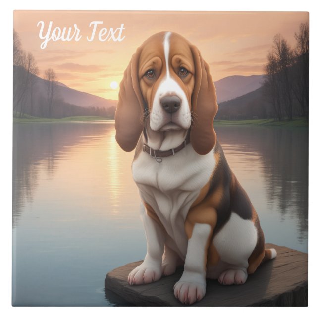 Basset Hound vid sjö Kakelplatta (Framsidan)