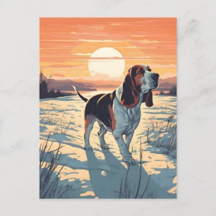 Basset Hound vinterskog under solnedgång Vykort