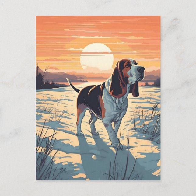 Basset Hound vinterskog under solnedgång Vykort (Framsida)