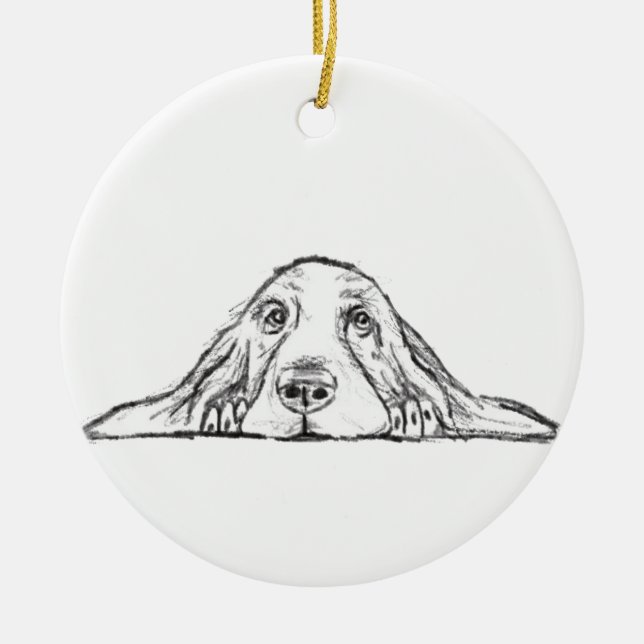 Basset hound white, enkel valp hund öga julgransprydnad keramik (Framsidan)