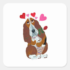 Basset Hound with Rose and Heart stickers Fyrkantigt Klistermärke
