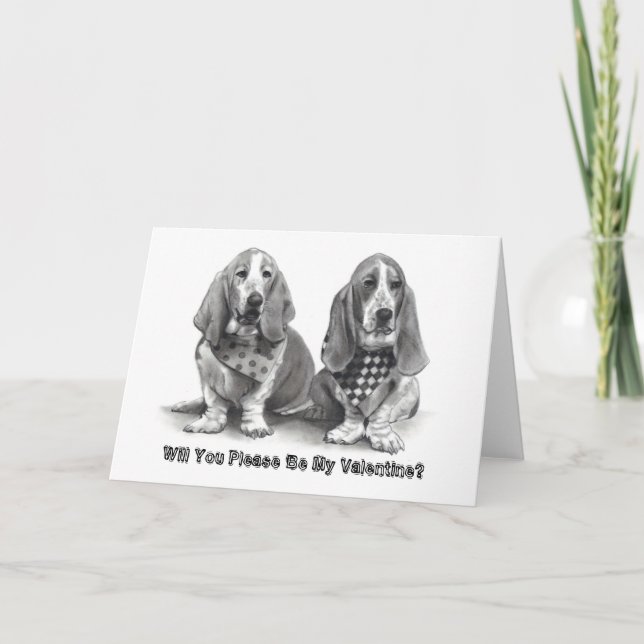 BASSET HOUNDS, kan du vara min Valentine? Helgkort (Framsida)