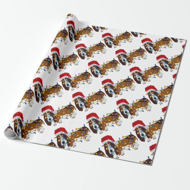 Basset intrasslad i julgransbelysning presentpapper (Utrullad)