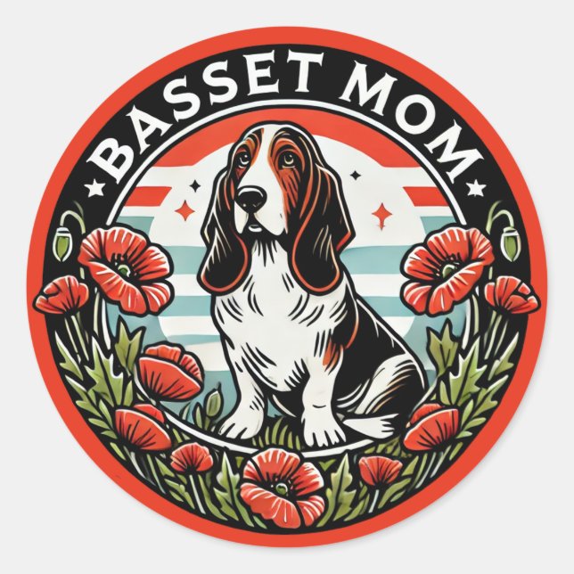 Basset Mom                                         Runt Klistermärke (Framsida)