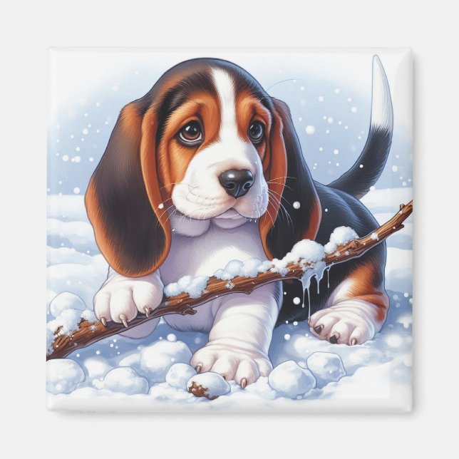 Basset Puppy spelar med ett stift in Winter Snö Magnet (Framsidan)