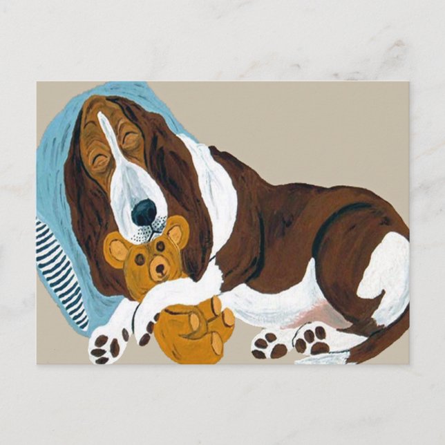Basset sover med teddy vykort (Framsida)