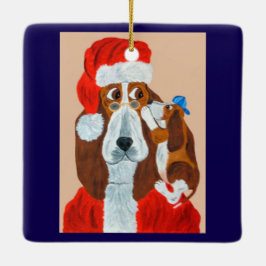 Basset-valp berättar för Tomte hans julönskningar Julgransprydnad Keramik