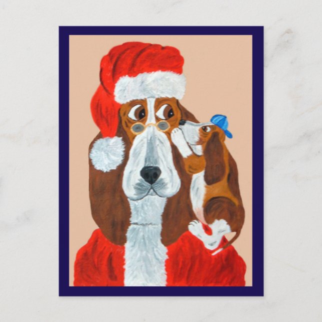 Basset-valp berättar för Tomte hans julönskningar Vykort (Framsida)