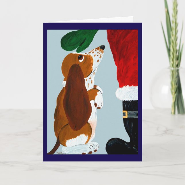 Basset-valp får en husdjur från Tomte Kort (Framsida)