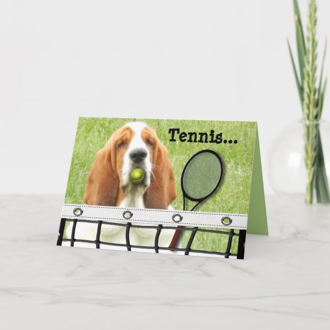 Bassethälsningkort med tennisracket och boll kort (Framsida)