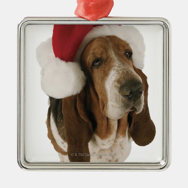 Bassethund i den Santa hatten Julgransprydnad Metall (Framsidan)