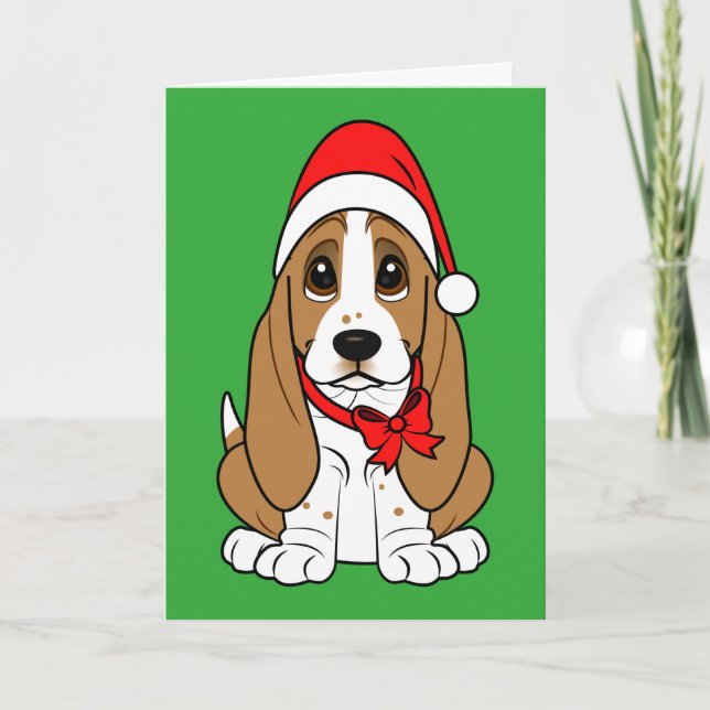 Bassethund i den Santa hatten på jul Helgkort (Framsida)