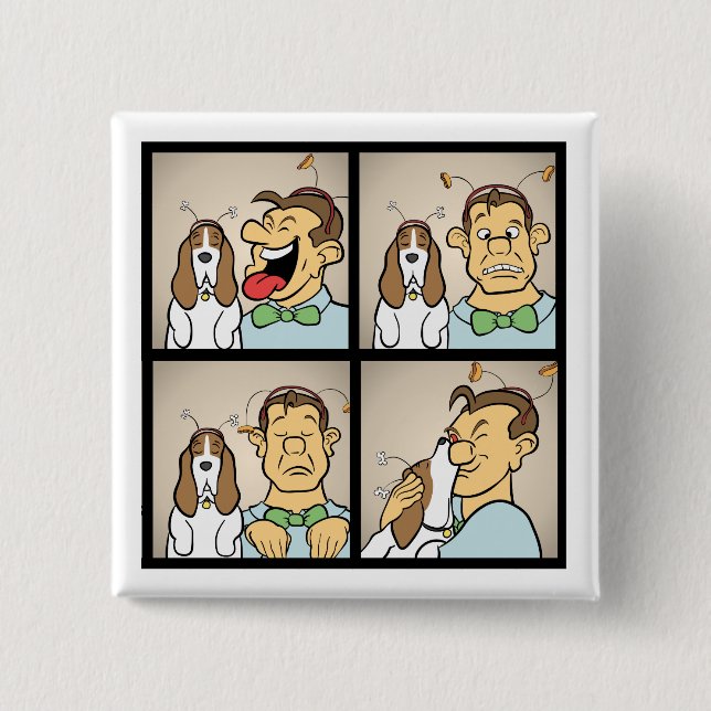 Bassethund med manen i rolig tecknad för fotobås knapp (Framsida)