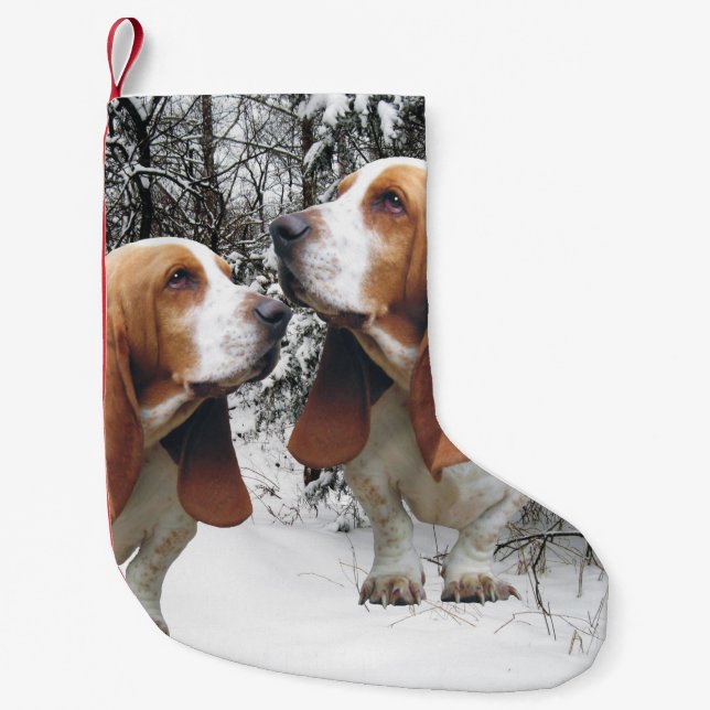 Bassethundar i den snöig skogen liten julstrumpa (Framsidan)