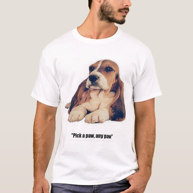 Bassethunden, väljer en tass t-shirt (Framsida)
