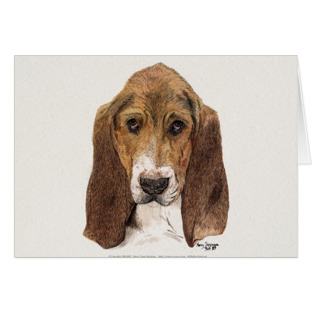 Bassethundhund, vattenfärg hälsningskort (Framsidan Horizontal)