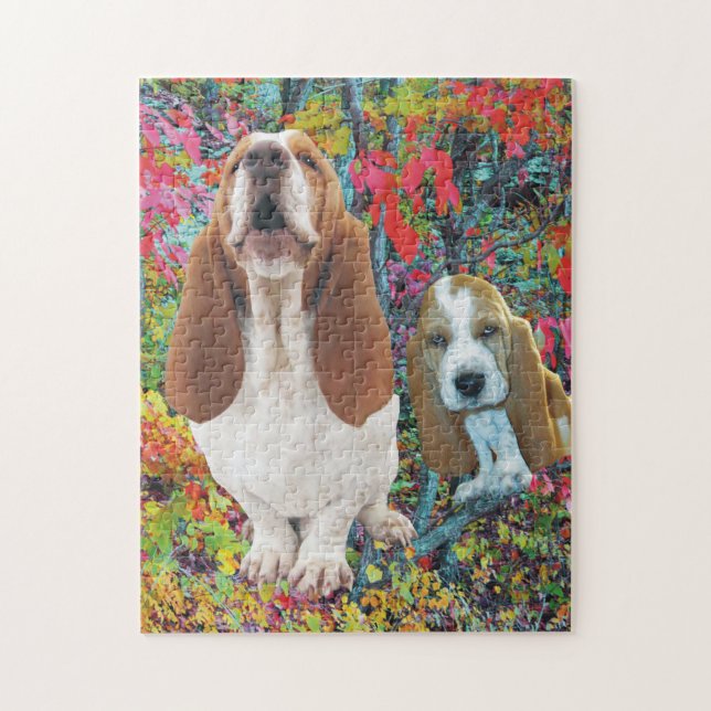 Bassethundmamma & valp i höst pussel (Vertikal)
