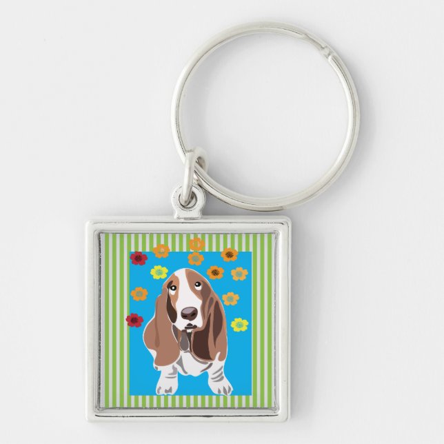 Bassett Hound Fyrkantig Silverfärgad Nyckelring (Framsidan)