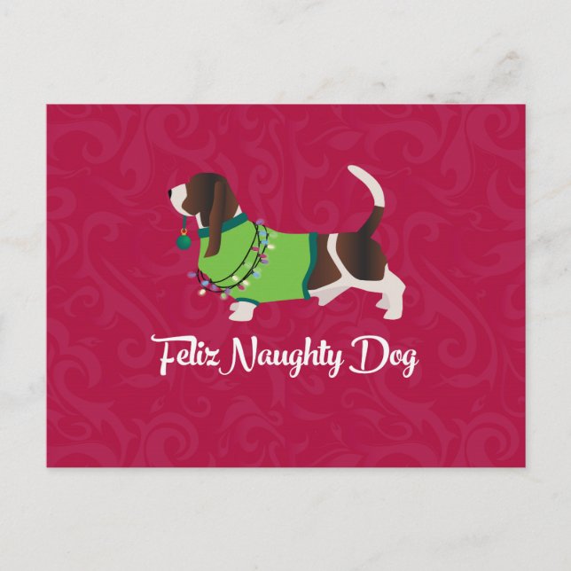 Bassett Hound jul Feliz Naughty Hund Helg Vykort (Framsida)