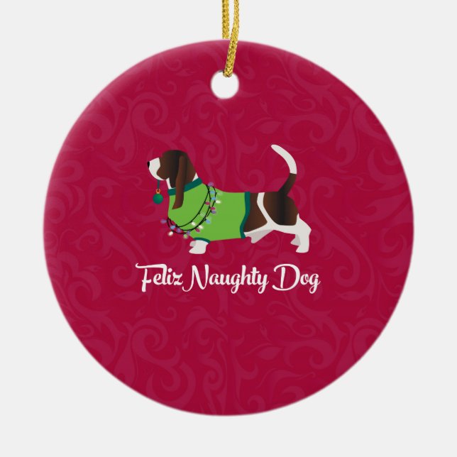 Bassett Hound jul Feliz Naughty Hund Julgransprydnad Keramik (Framsidan)