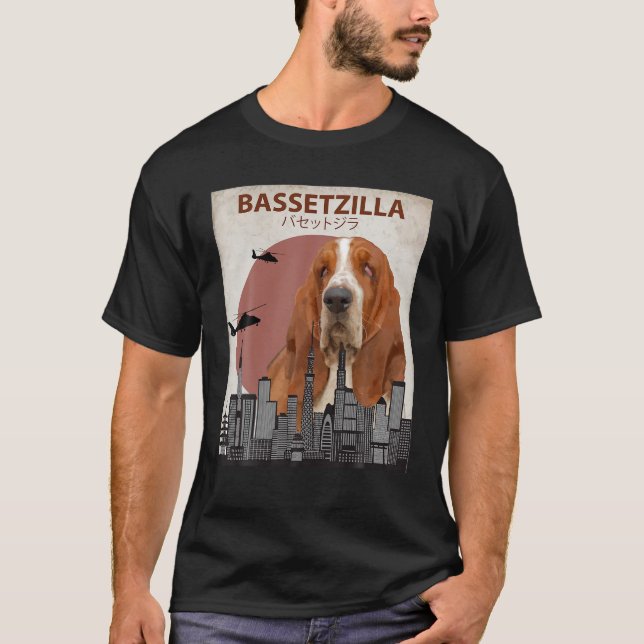 Bassetzilla Funny Basset Hound T Shirt Gift for Do (Framsida)