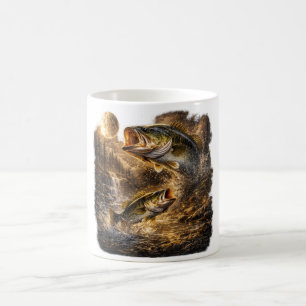 Bassfisk ylar mot månen Vintage fiskare Fiske Kaffemugg
