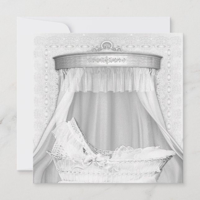 Bassinet Elegant Rent Vitt Barnkalas Inbjudan (Framsida)