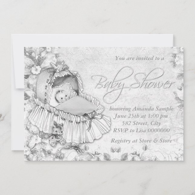 Bassinet Vintage White Baby Shower Inbjudningar (Framsida)