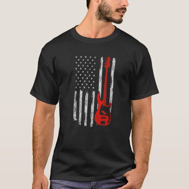 Bassistance USA American Flagga Bass Guitar Player T Shirt (Framsida)