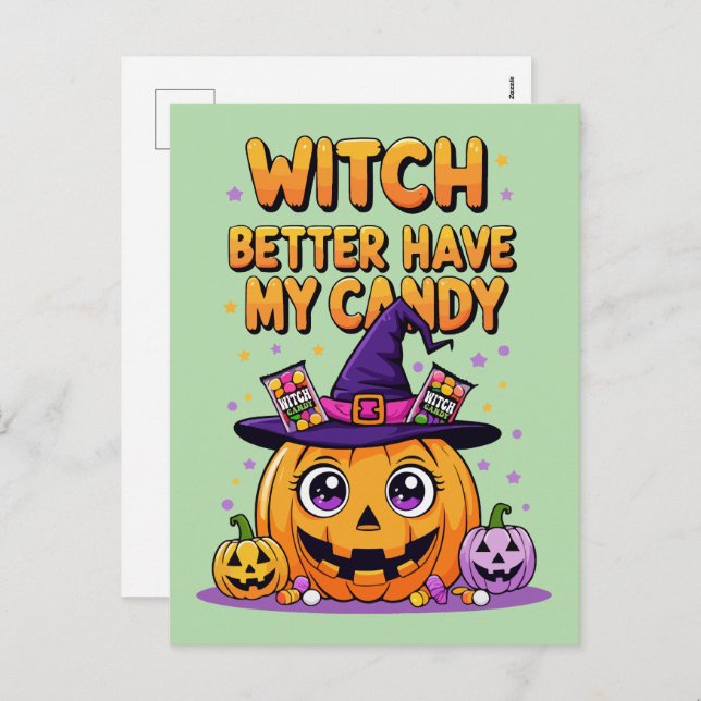 Bäst att ha mitt godis - Cute Kawaii Halloween Helg Vykort (Fram/baksida)