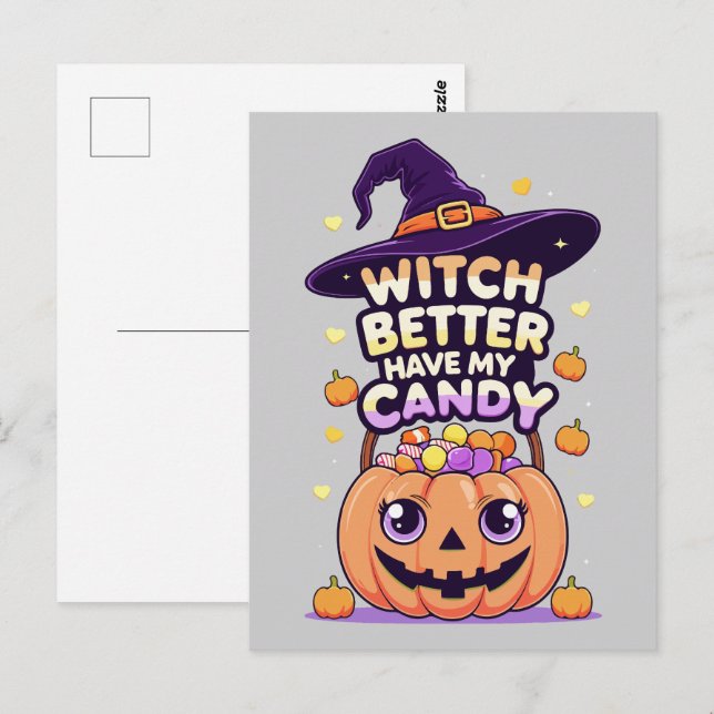 Bäst att ha mitt godis - Cute Kawaii Halloween Vykort (Fram/baksida)