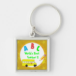 Bäst lärare Keychain för gula skolbussvärldar Fyrkantig Silverfärgad Nyckelring