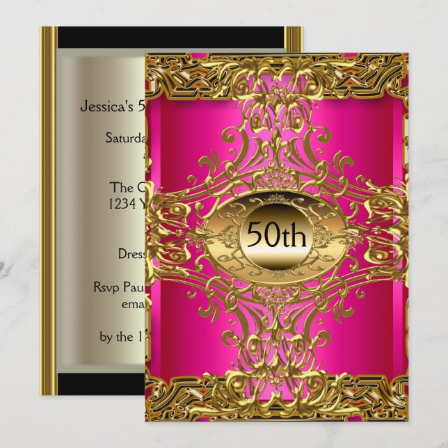 Bästa 50-års Guld Het Rosa Födelsedagsfest Inbjudningar (Fram/baksida)