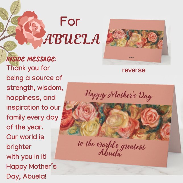 'Bästa Abuela' Mors dag Spansk farmor/mormor/älska Kort (A beautiful floral roses Mother's Day card for your special Spanish Abuela grandma! Customizable.)