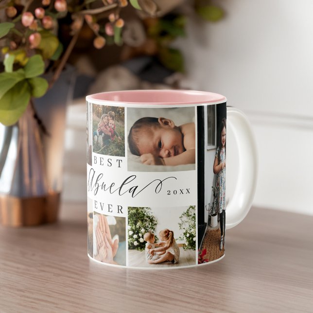 Bästa Abuela någonsin-Elegant-skript 8-fotokollage Två-Tonad Mugg (Best Abuela Ever Elegant Script 8 Photo Collage Two-Tone Coffee Mug)