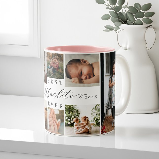 Bästa Abuelito någonsin Elegant Script 8-fotokolla Två-Tonad Mugg (Best Abuelito Ever Elegant Script 8 Photo Collage Two-Tone Coffee Mug)