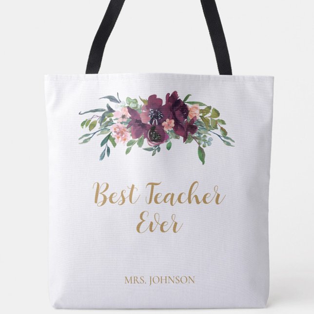 Bästa Blommigt någonsin för vattenfärgning Tygkasse (Watercolor Floral Best Teacher Ever Personalized Tote Bag - a classic gift for your child's teacher)