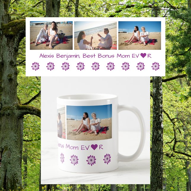 Bästa Bonus Mamma någonsin, med hjärta. Namn + 3 f Kaffemugg (Best Bonus Mom EVER w/ heart. Personalized name & 3 photos. Modern, elegant, cute Mother's Day gift)