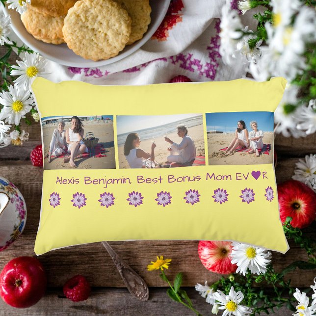 Bästa Bonus Mamma någonsin, med hjärta. Namn + 3 f Prydnadskudde (Best Bonus Mom Ever. Heart. Personalized Name. 3 photos collage. Mother's Day. Stepmom Second mother)