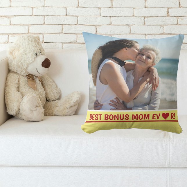 Bästa Bonus Mamma någonsin Photo Heart Mors dag Bd Kudde (Best Bonus Mom EVER! Heart. Simple, Minimalist,  Modern Mother's Day gift for Stepmom / Second Mom)