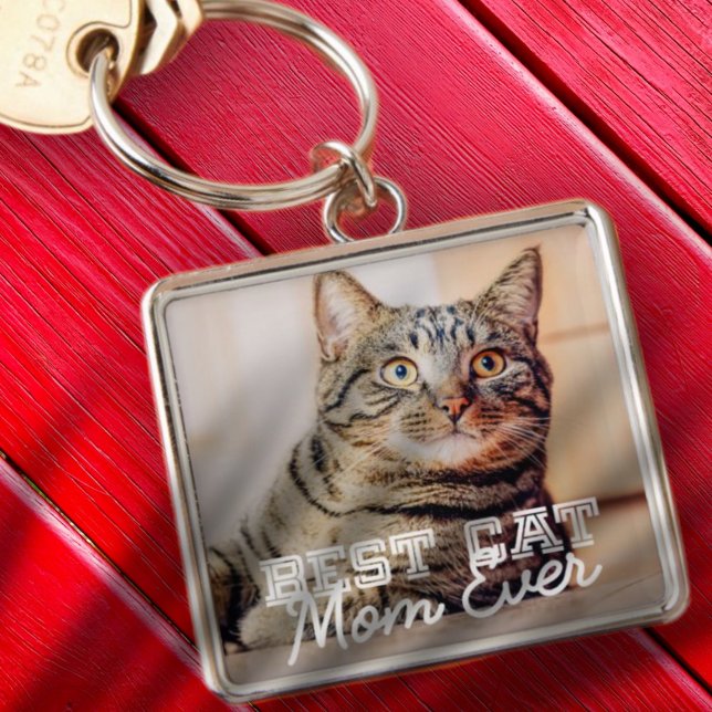Bästa Cat Mamma någonsin Modern Anpassningsbar Pet Fyrkantig Silverfärgad Nyckelring (Skapare uppladdad)